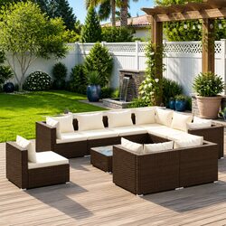 Garden Lounge Set 10 Piece Poly Rattan Outdoor Furniture Brown with Cushions