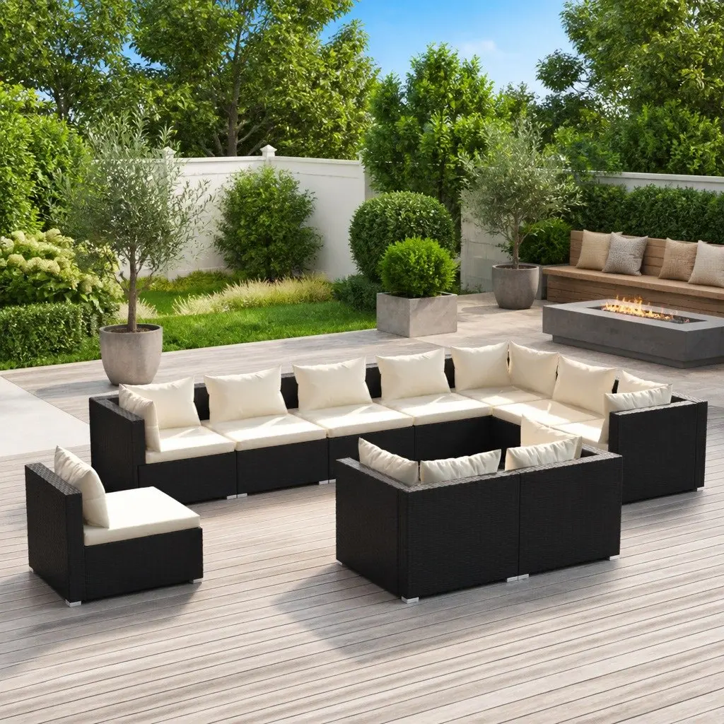 Garden Lounge Set 10 Piece Poly Rattan Outdoor Furniture with Cushions Black