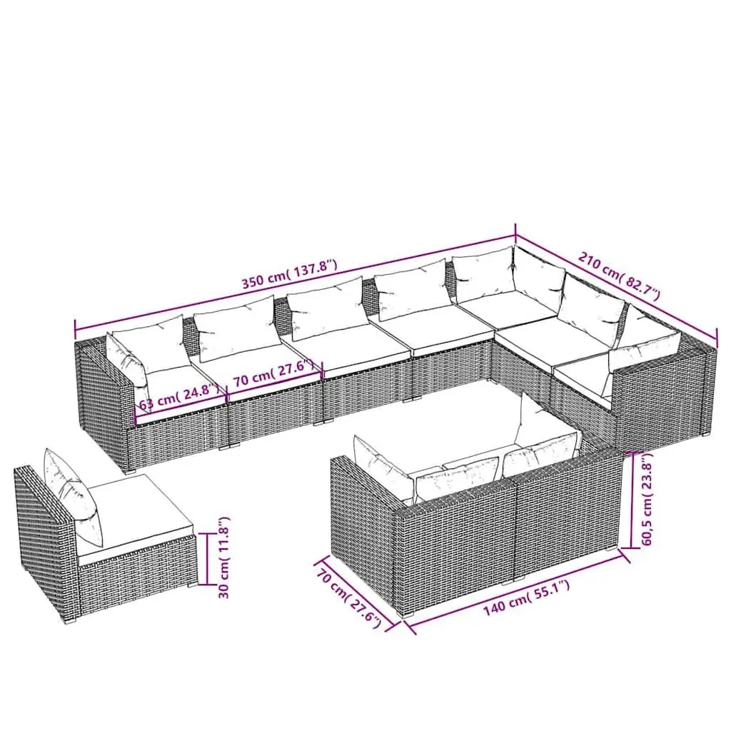 Garden Lounge Set Modular Poly Rattan 10 Piece Outdoor Furniture Grey with Cushions