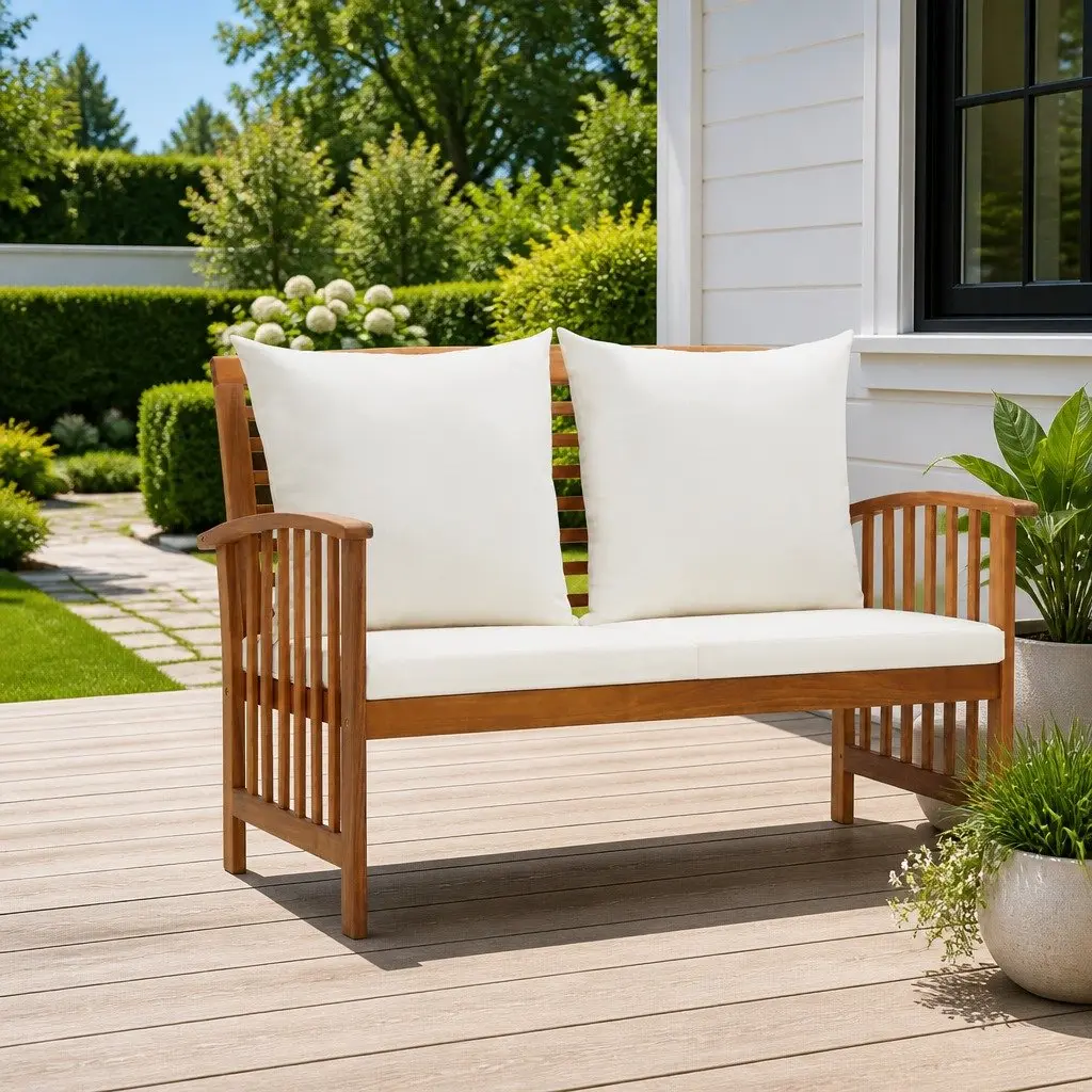 Solid Acacia Wood Outdoor Garden Bench 119cm White with Cushions and Backrest