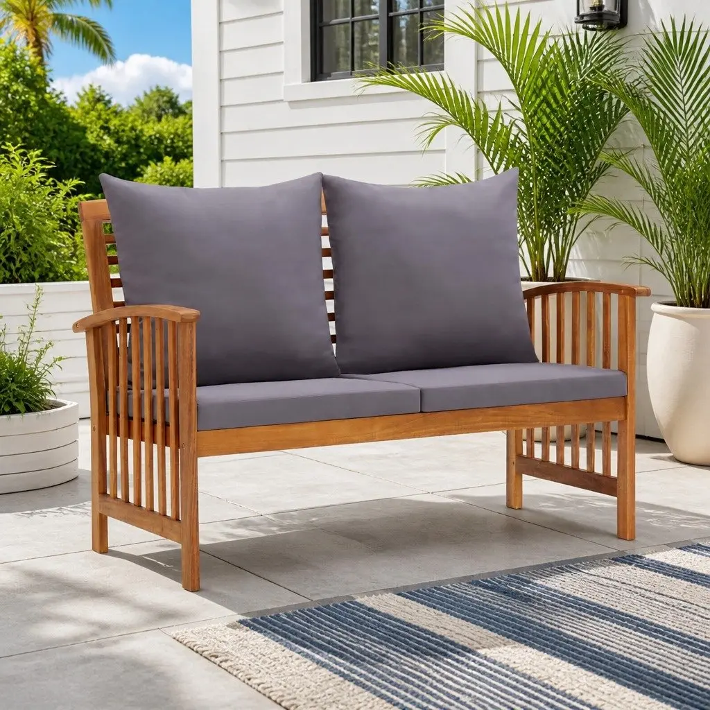 Garden Bench Solid Acacia Wood 119cm Outdoor Patio Seating with Cushions