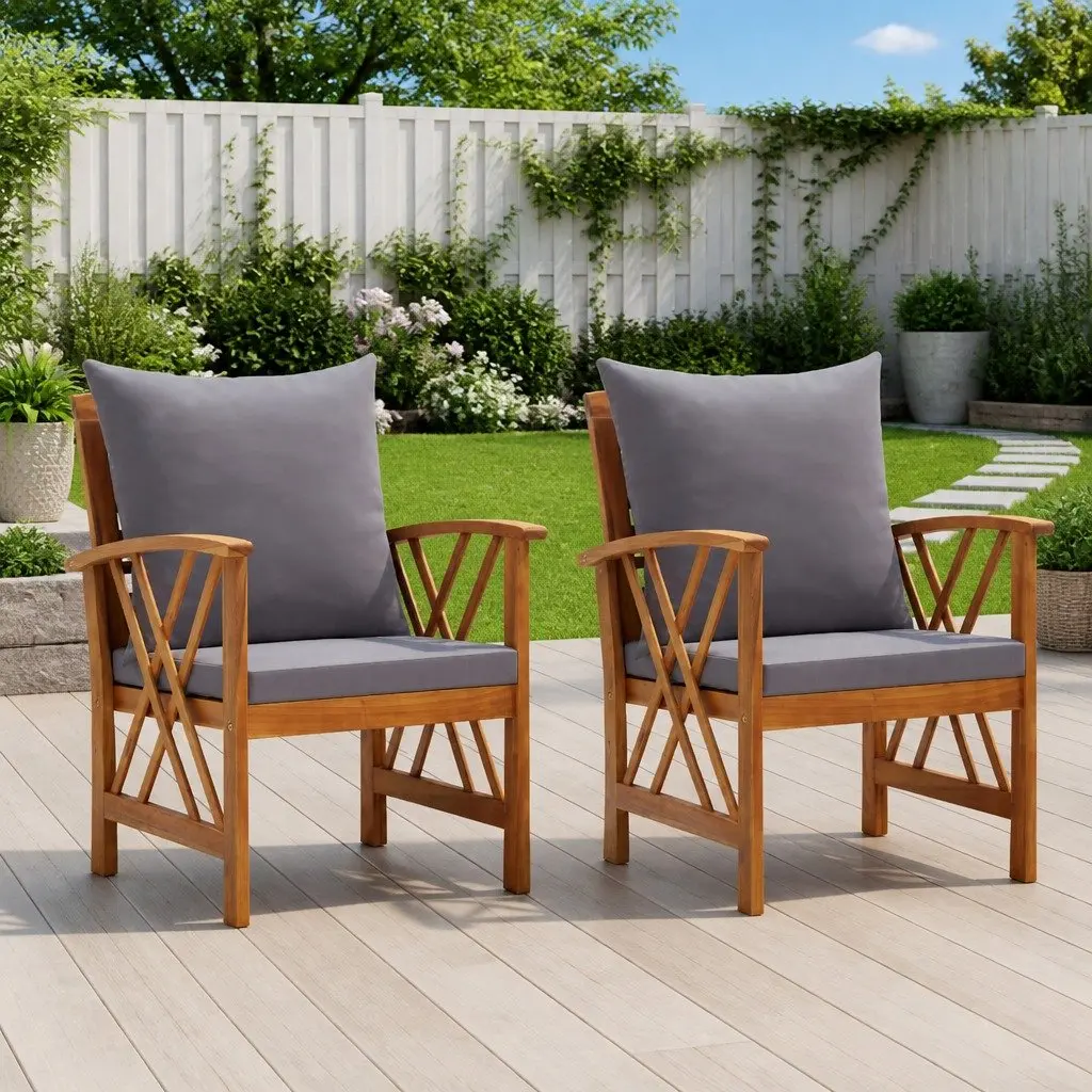 Outdoor Garden Chairs Set 2 pcs with Cushions Solid Wood Seating Patio Furniture