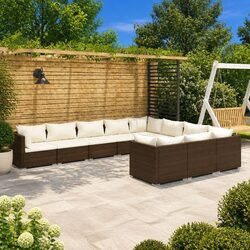 Garden Lounge Set 10 Piece Outdoor Furniture Poly Rattan with Cushions Brown