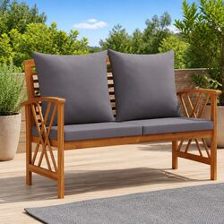 Outdoor Garden Bench 119cm with Seat Cushions Back Pillows Grey Patio Seating