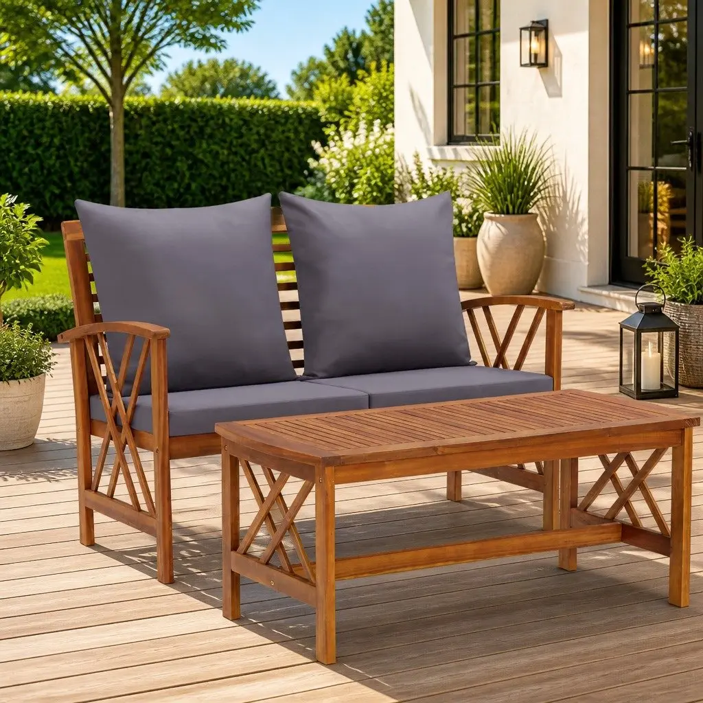 2-Piece Garden Lounge Set Wooden Bench Coffee Table Outdoor Patio Furniture