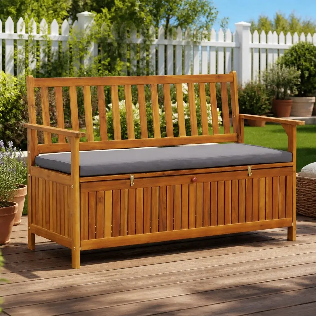 Storage Bench Rustic Wooden 120cm Outdoor Seating with Compartment Grey