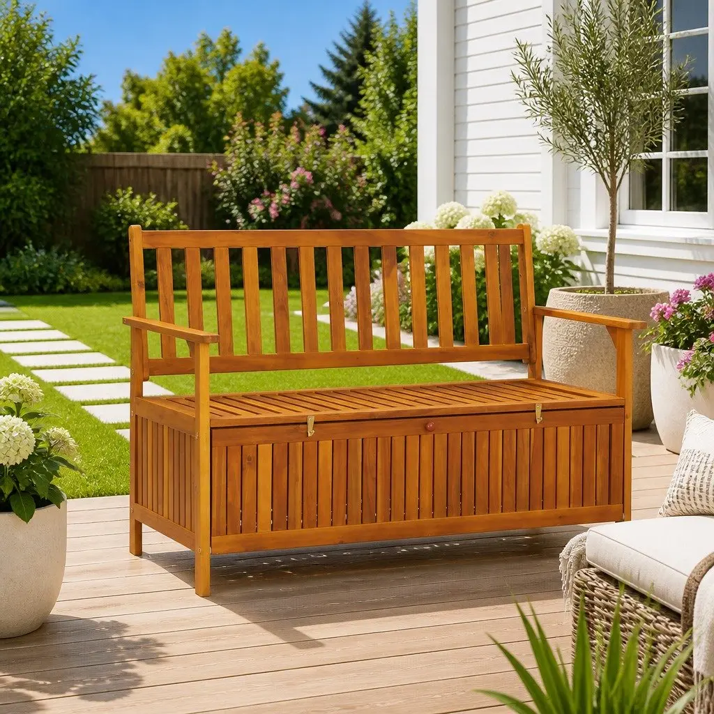 Outdoor Storage Bench Wooden 120cm Garden Seating with Backrest and Armrests