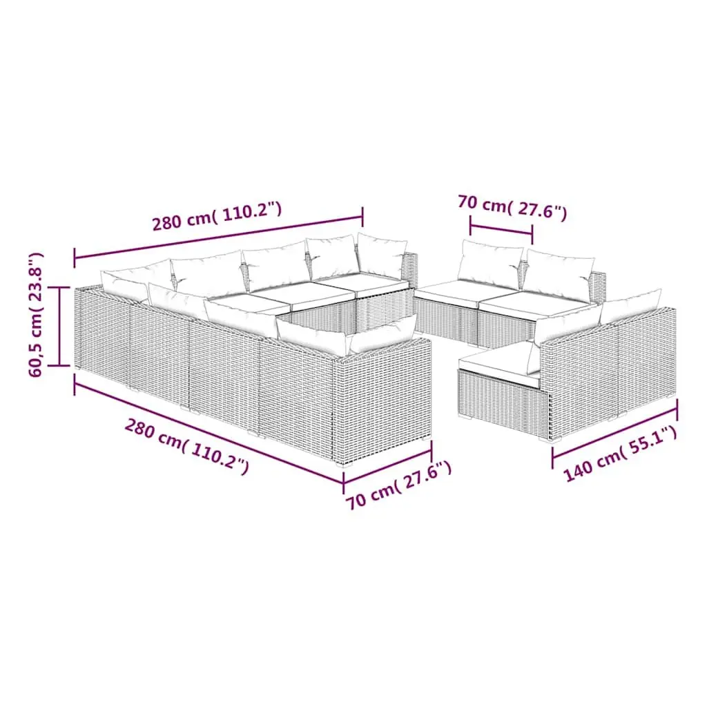 11 Piece Garden Lounge Set Outdoor Furniture Black Poly Rattan Modular Patio