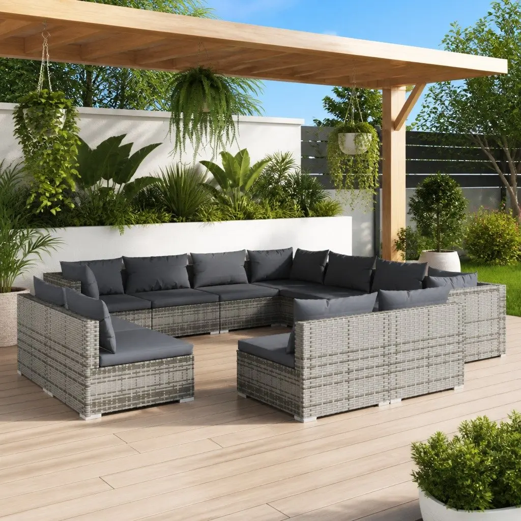 Garden Lounge Set Modular 11 Piece Grey Poly Rattan with Cushions