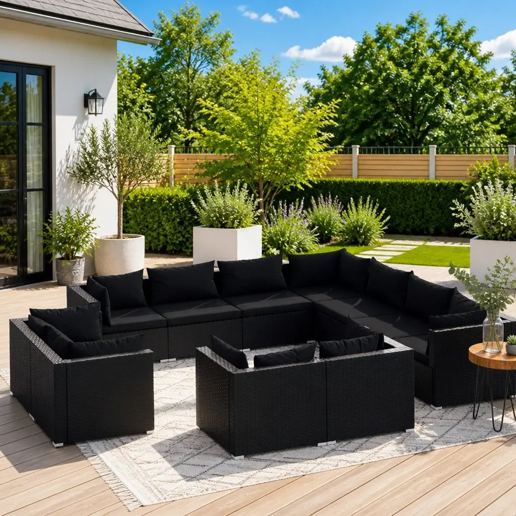 11 Piece Garden Lounge Set Black Poly Rattan Outdoor Patio Furniture