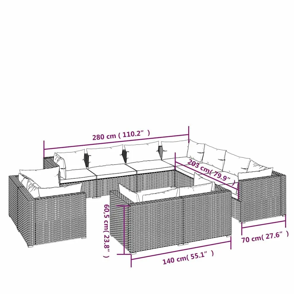 11 Piece Garden Lounge Set Black Poly Rattan Outdoor Patio Furniture