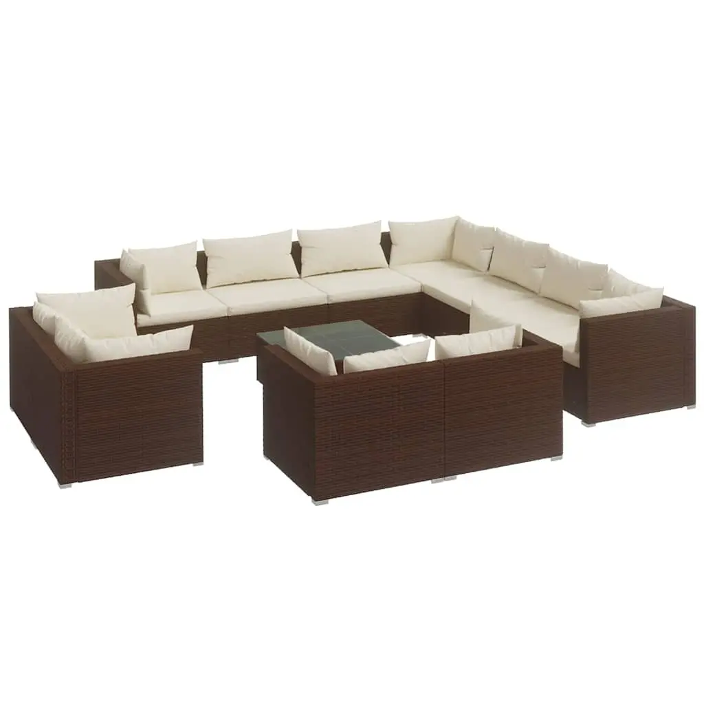 Garden Lounge Set 12 Piece Brown Poly Rattan Outdoor Furniture with Cushions
