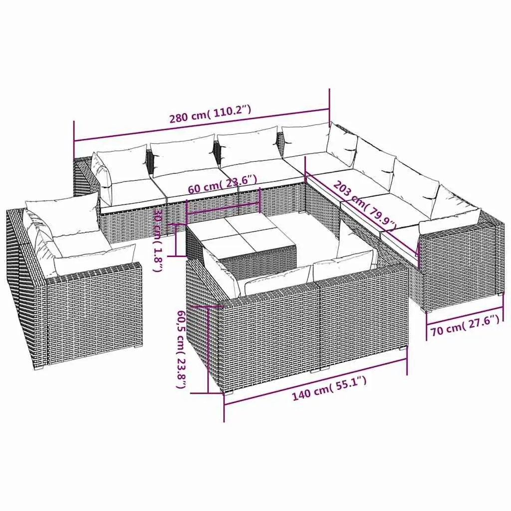Grey Poly Rattan Garden Lounge Set 12 Piece Outdoor Furniture Patio Seating