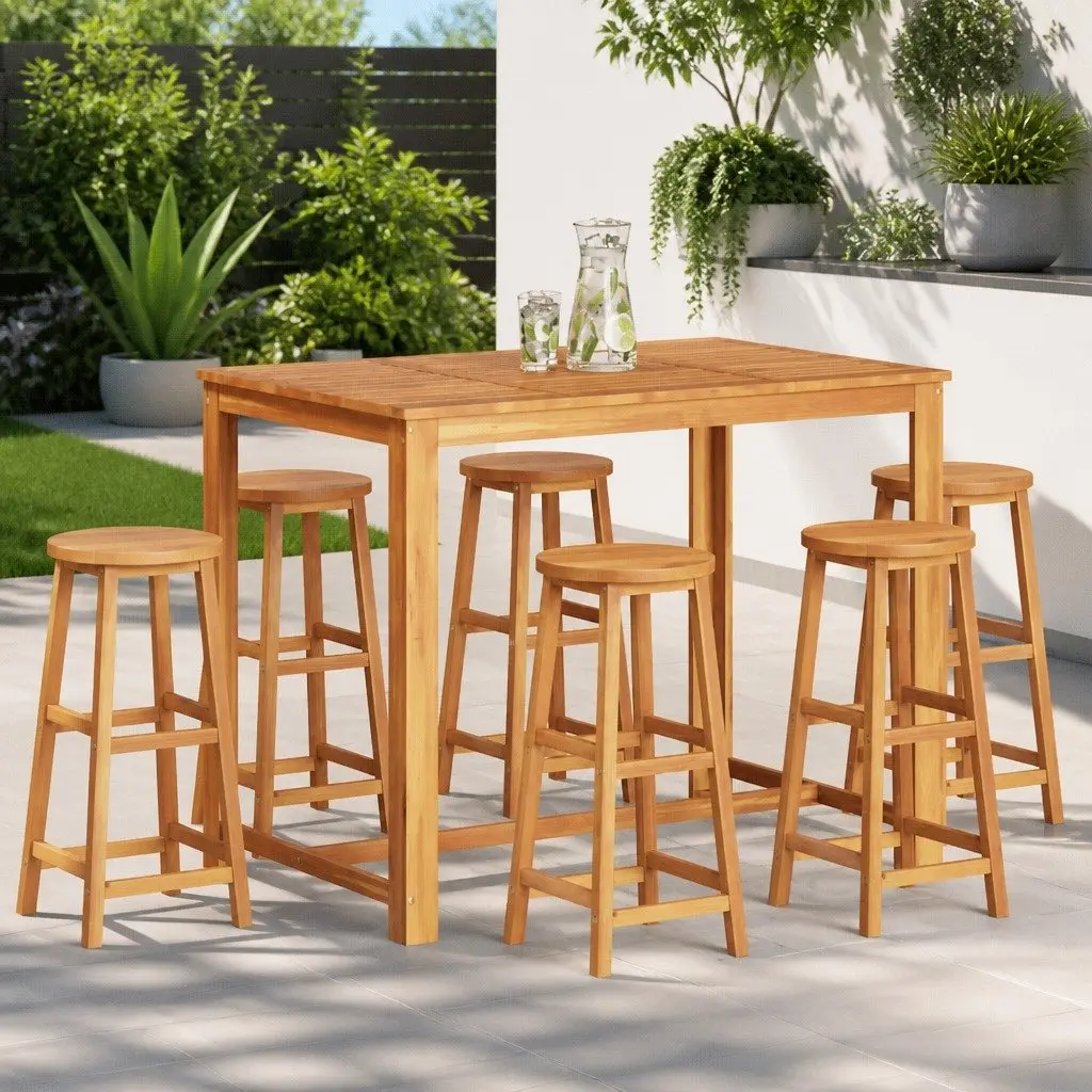 Bar Stools Solid Acacia Wood Brown Outdoor Garden Seating Footrest Chairs 6 Piece