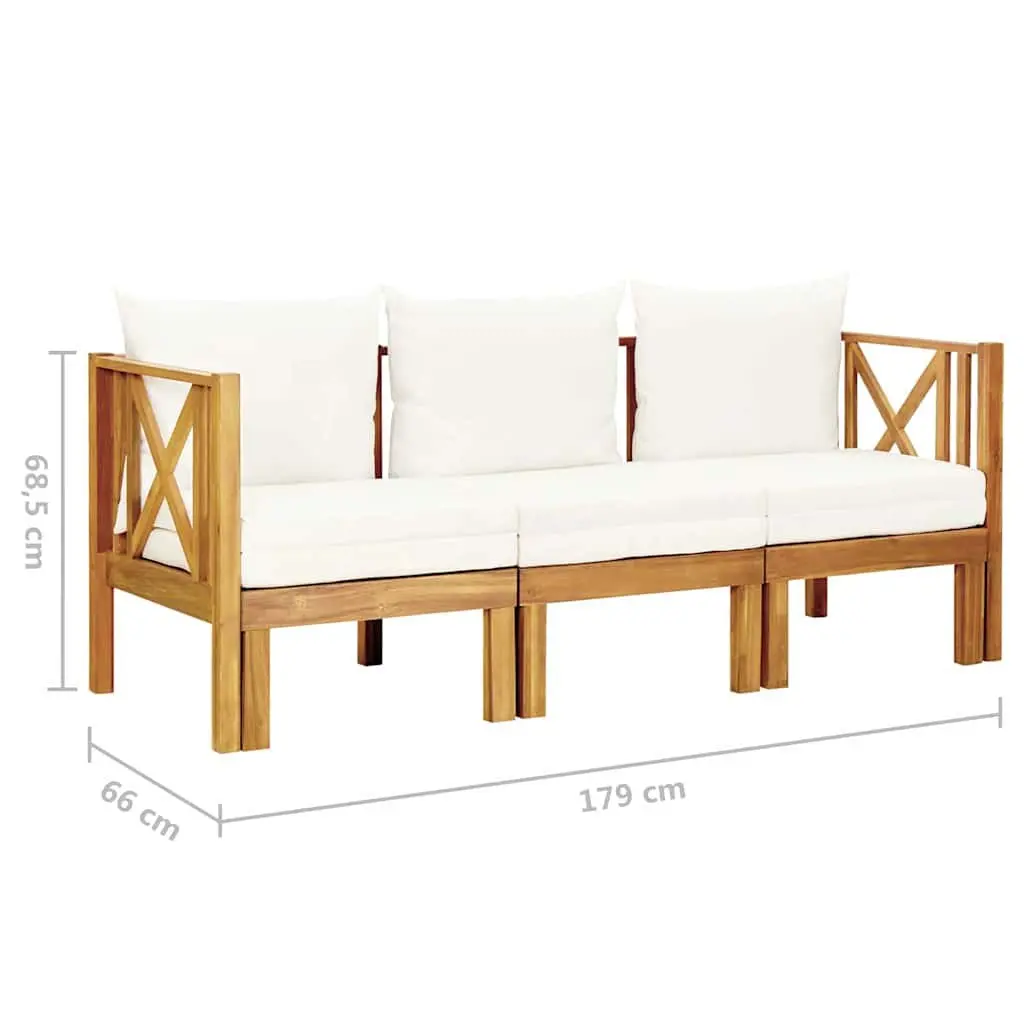 3-Seater Garden Bench Cream Cushions 179cm Outdoor Indoor Wooden Seat Daybed