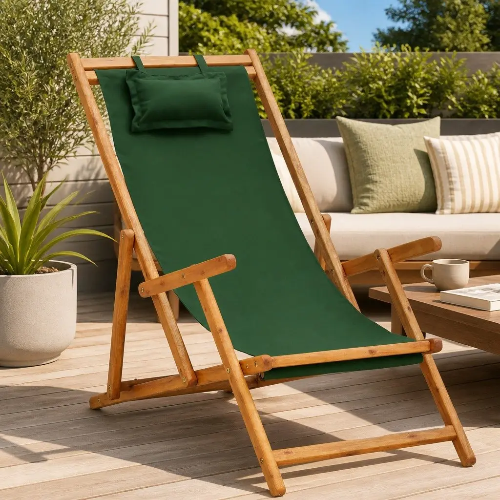 Folding Beach Chair Green Outdoor Garden Patio Lounge Reclining Seat Camping