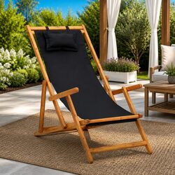 Folding Beach Chair Outdoor Wooden Reclining Lounge Seat Garden Patio Black