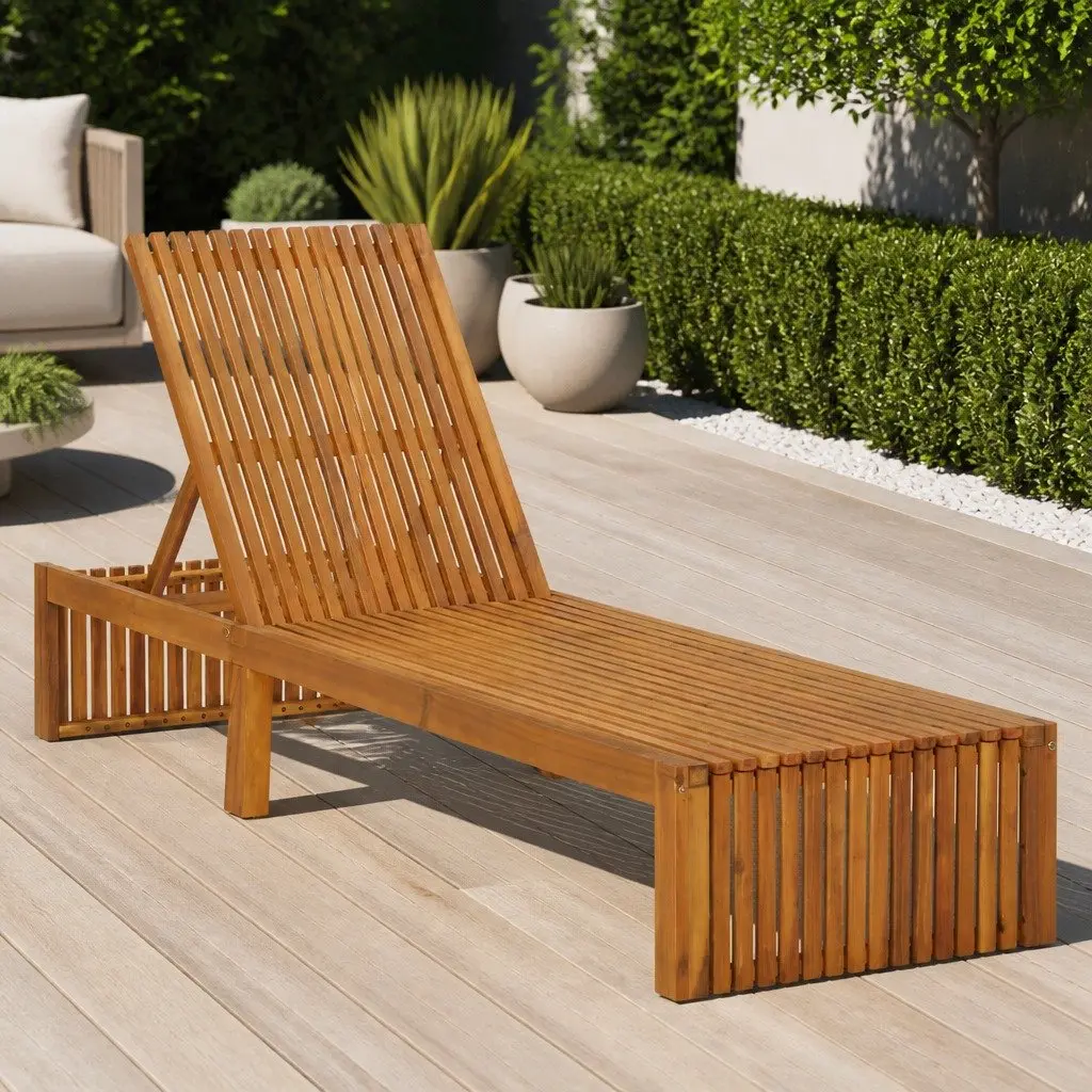 Sun Lounger Adjustable Backrest Solid Acacia Wood Garden Patio Outdoor