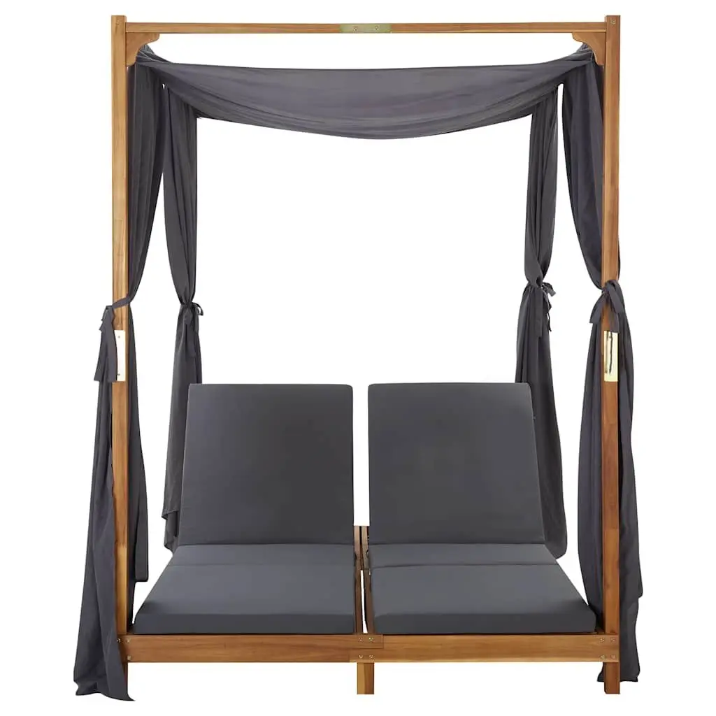 Double Sun Lounger Foldable Backrest 2 Person Solid Acacia Wood with Cushions and Curtains