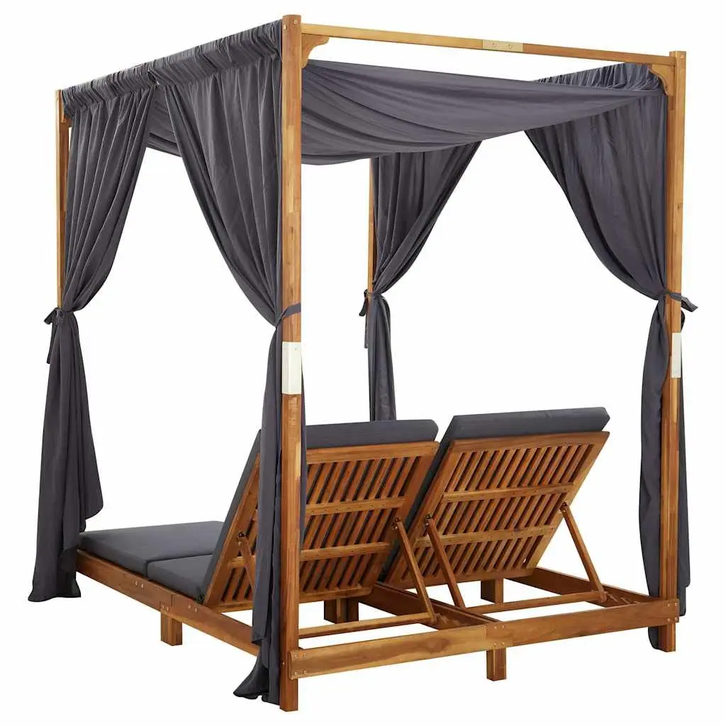Double Sun Lounger Foldable Backrest 2 Person Solid Acacia Wood with Cushions and Curtains