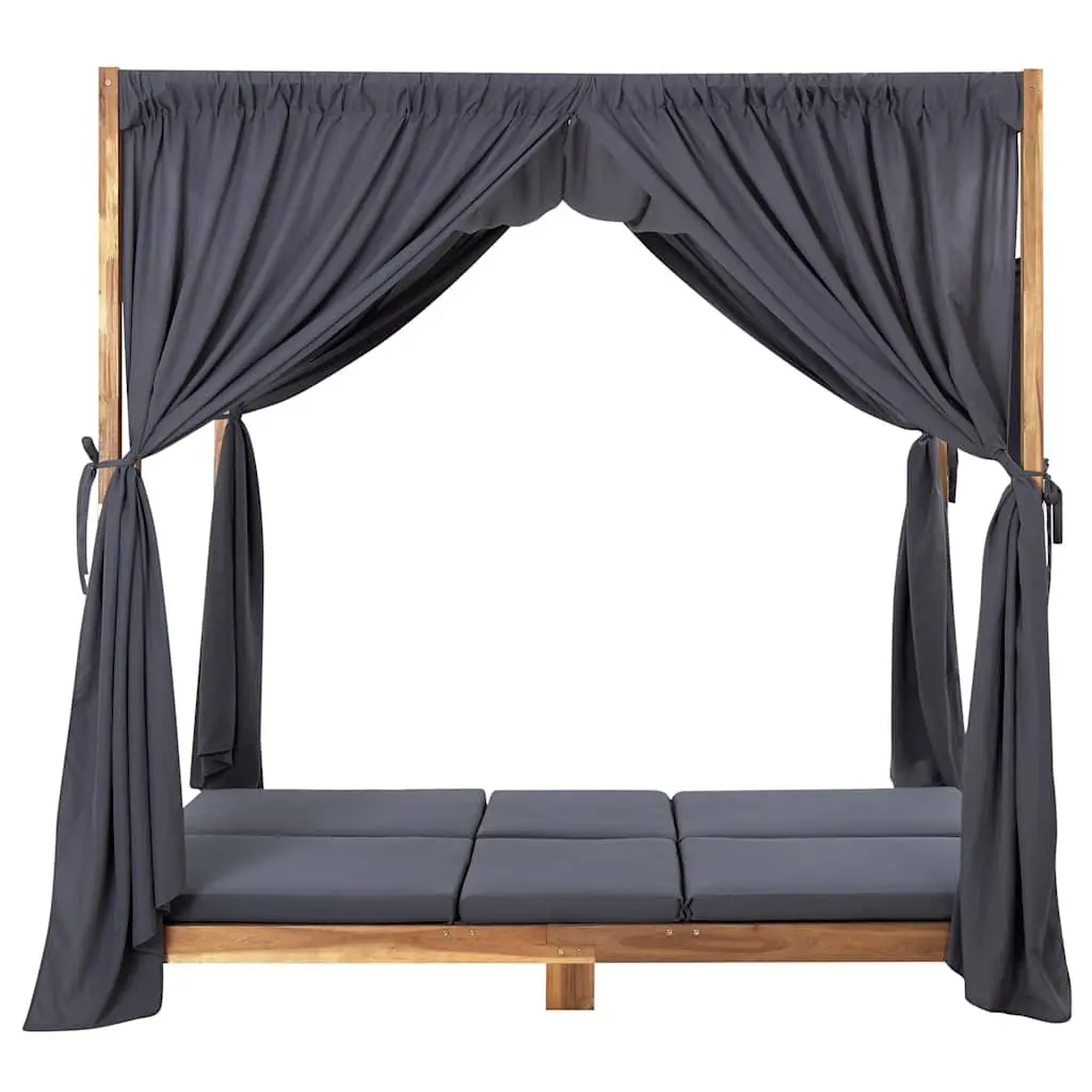Double Sun Lounger Foldable Backrest 2 Person Solid Acacia Wood with Cushions and Curtains