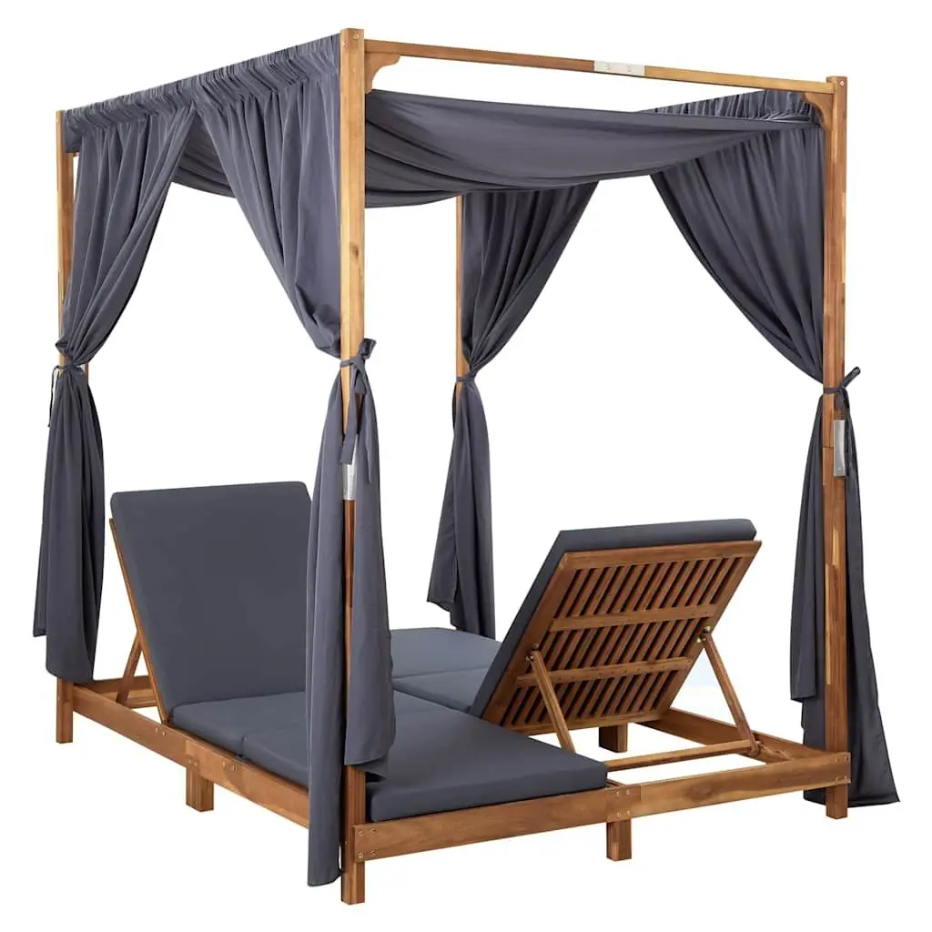 Double Sun Lounger Foldable Backrest 2 Person Solid Acacia Wood with Cushions and Curtains