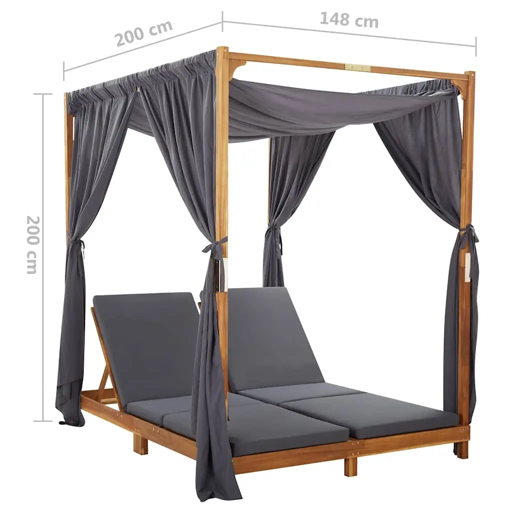 Double Sun Lounger Foldable Backrest 2 Person Solid Acacia Wood with Cushions and Curtains