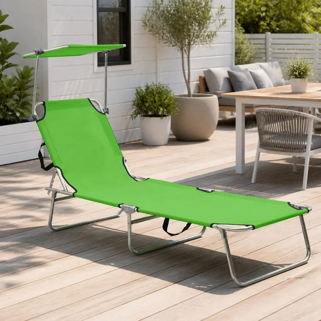 Folding Steel Sun Lounger with Adjustable Canopy and Reclining Backrest Outdoor Daybed Green