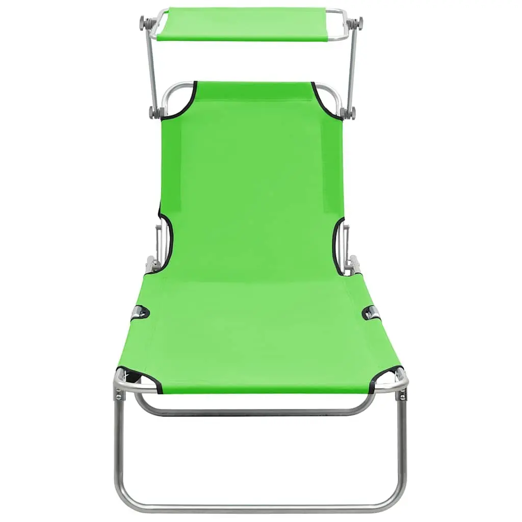 Folding Steel Sun Lounger with Adjustable Canopy and Reclining Backrest Outdoor Daybed Green