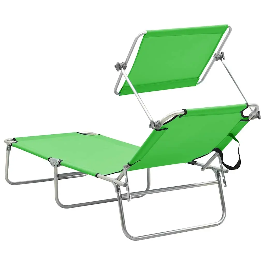 Folding Steel Sun Lounger with Adjustable Canopy and Reclining Backrest Outdoor Daybed Green