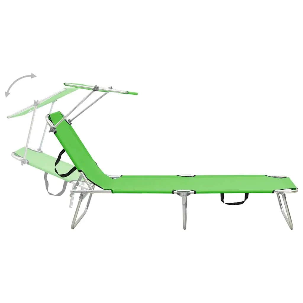 Folding Steel Sun Lounger with Adjustable Canopy and Reclining Backrest Outdoor Daybed Green
