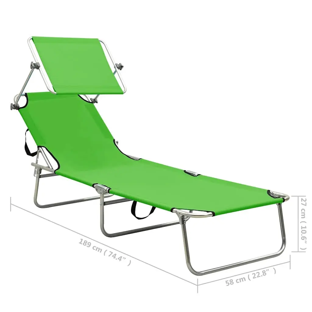 Folding Steel Sun Lounger with Adjustable Canopy and Reclining Backrest Outdoor Daybed Green