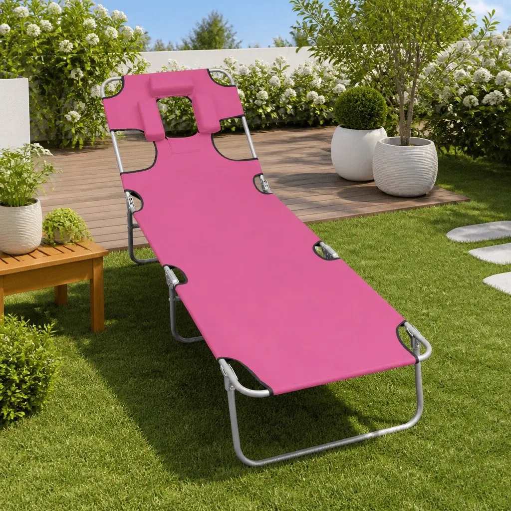 Sun Lounger Adjustable Backrest Folding Daybed with Head Cushion Pink