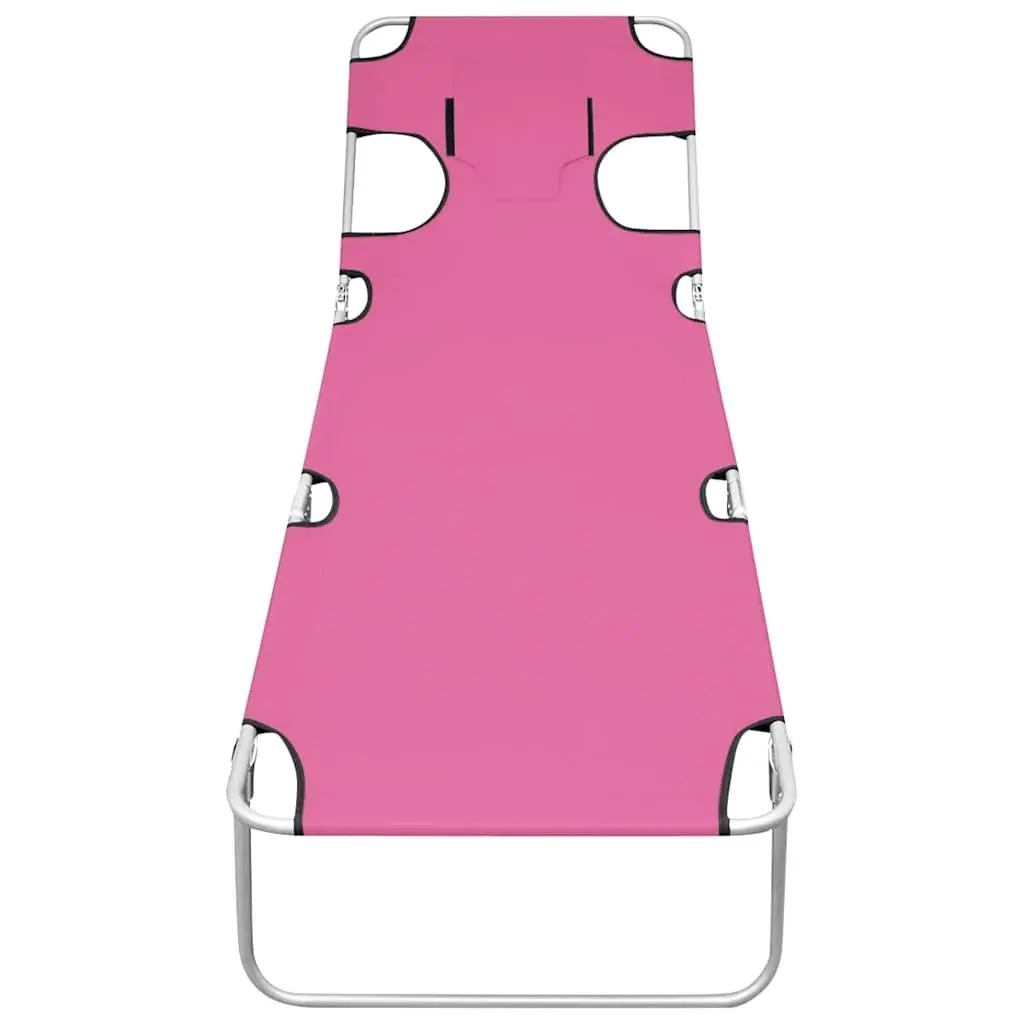 Sun Lounger Adjustable Backrest Folding Daybed with Head Cushion Pink
