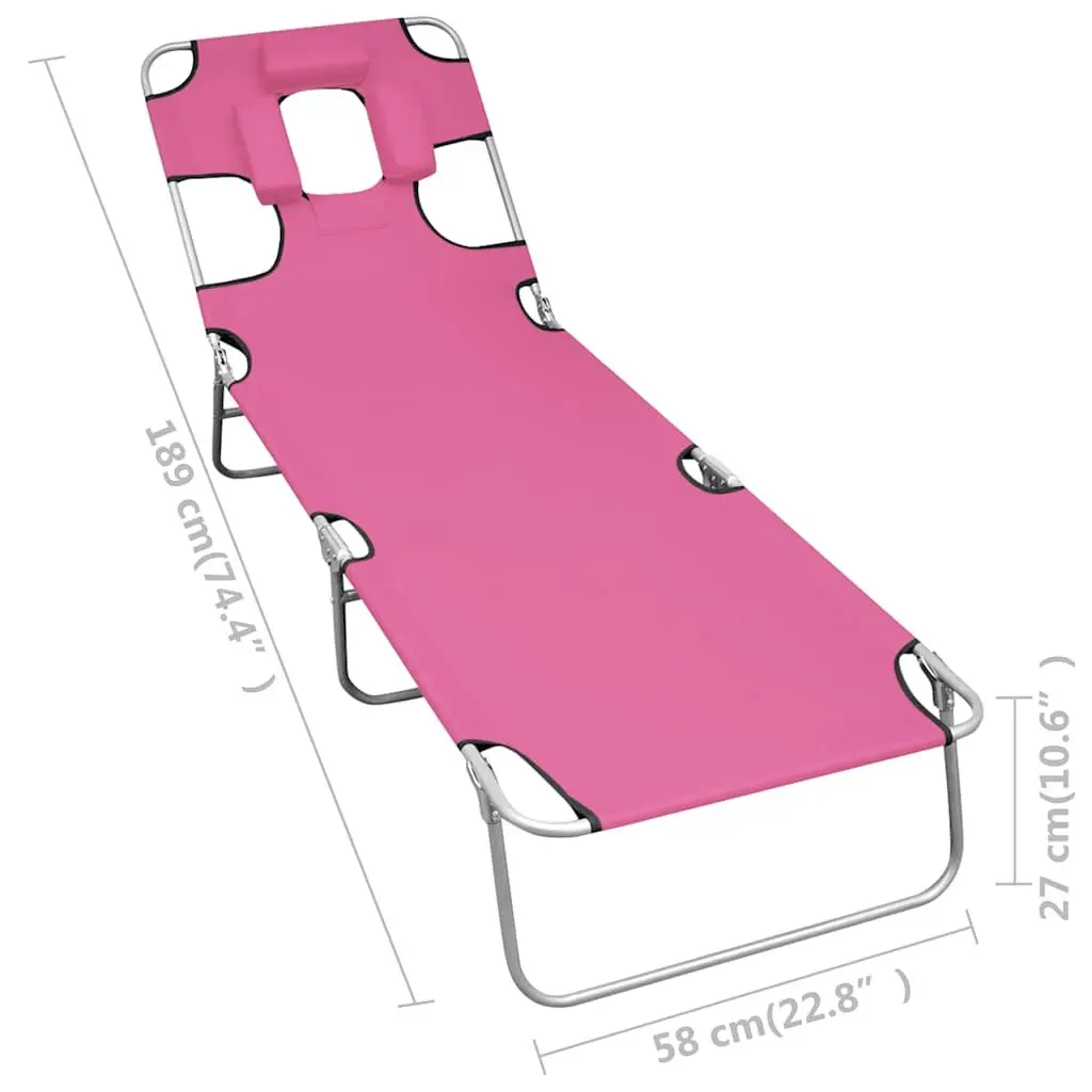 Sun Lounger Adjustable Backrest Folding Daybed with Head Cushion Pink