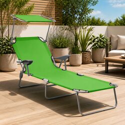 Sun Lounger with Canopy Adjustable Backrest Foldable Beach Lounge Chair Green