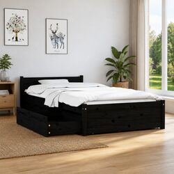 Black Wooden Bed Frame with Storage Drawers Single 90x190 cm Bedroom Furniture