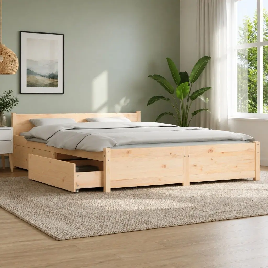 Brown Wooden Bed Frame 135x190cm with Storage Drawers for Bedroom Furniture
