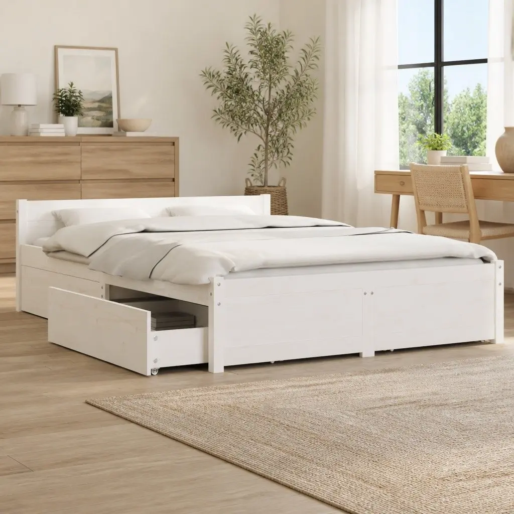 Wooden Bed Frame 150x200cm White with Storage Drawers and Classic Headboard