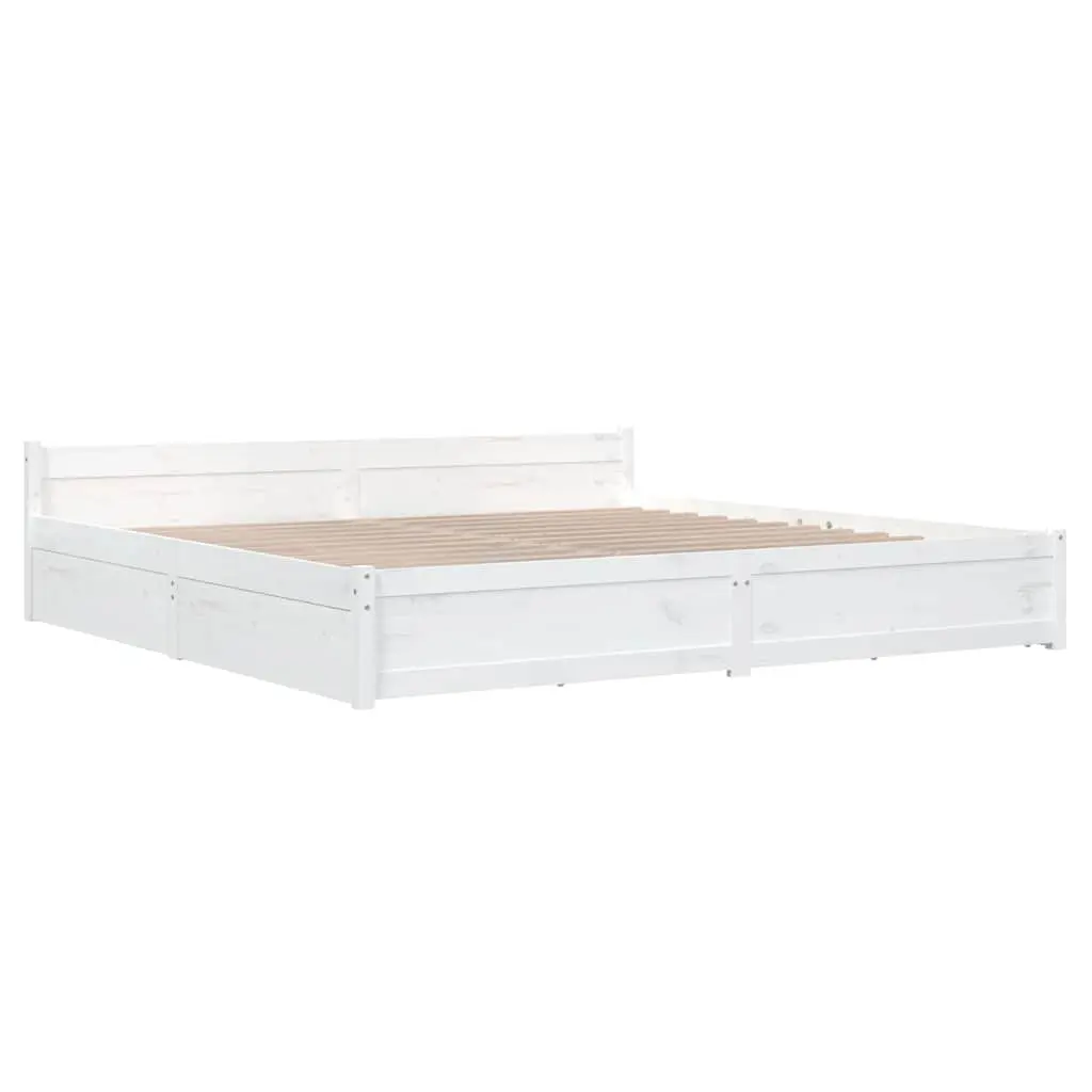 King Bed Frame with Storage Drawers Wooden Slats White 183x203 cm