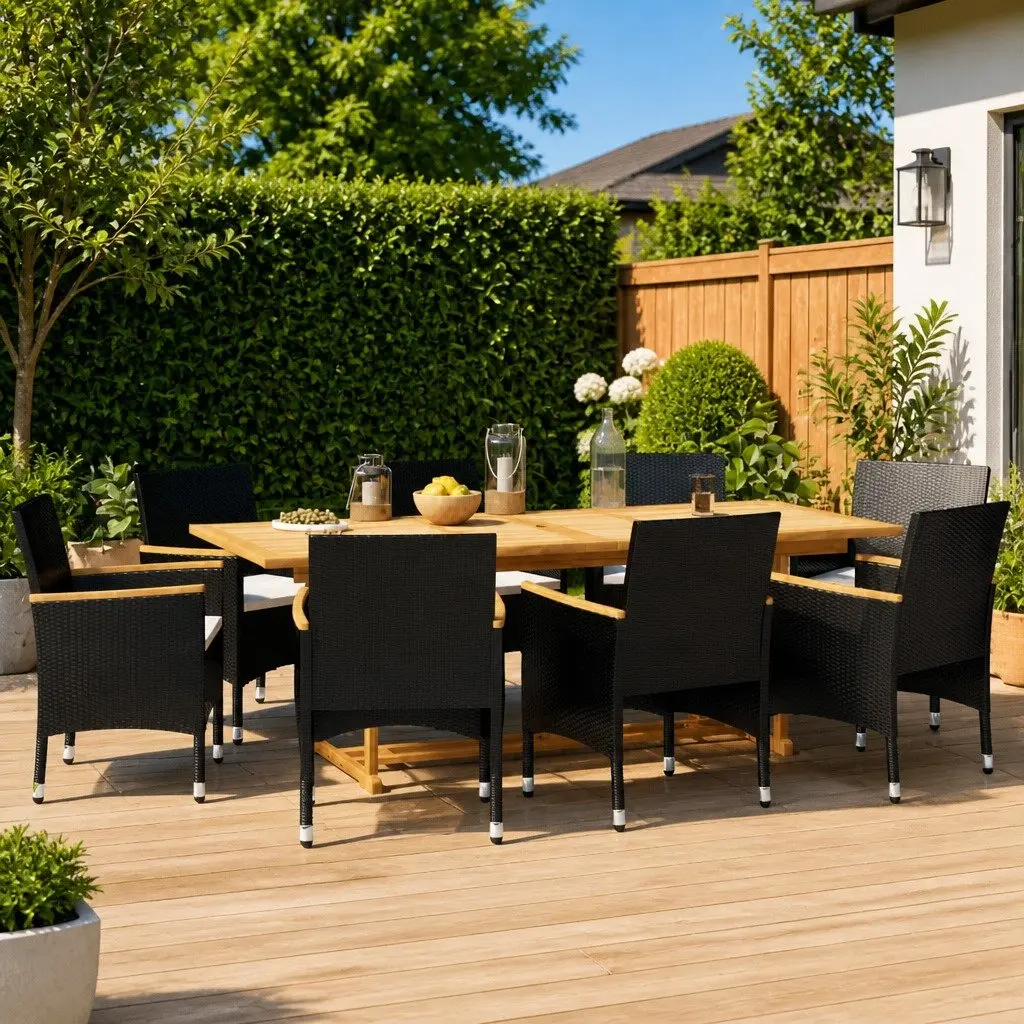 Acacia Wood Outdoor Dining Set 9 Piece Chairs Table Cushions Black