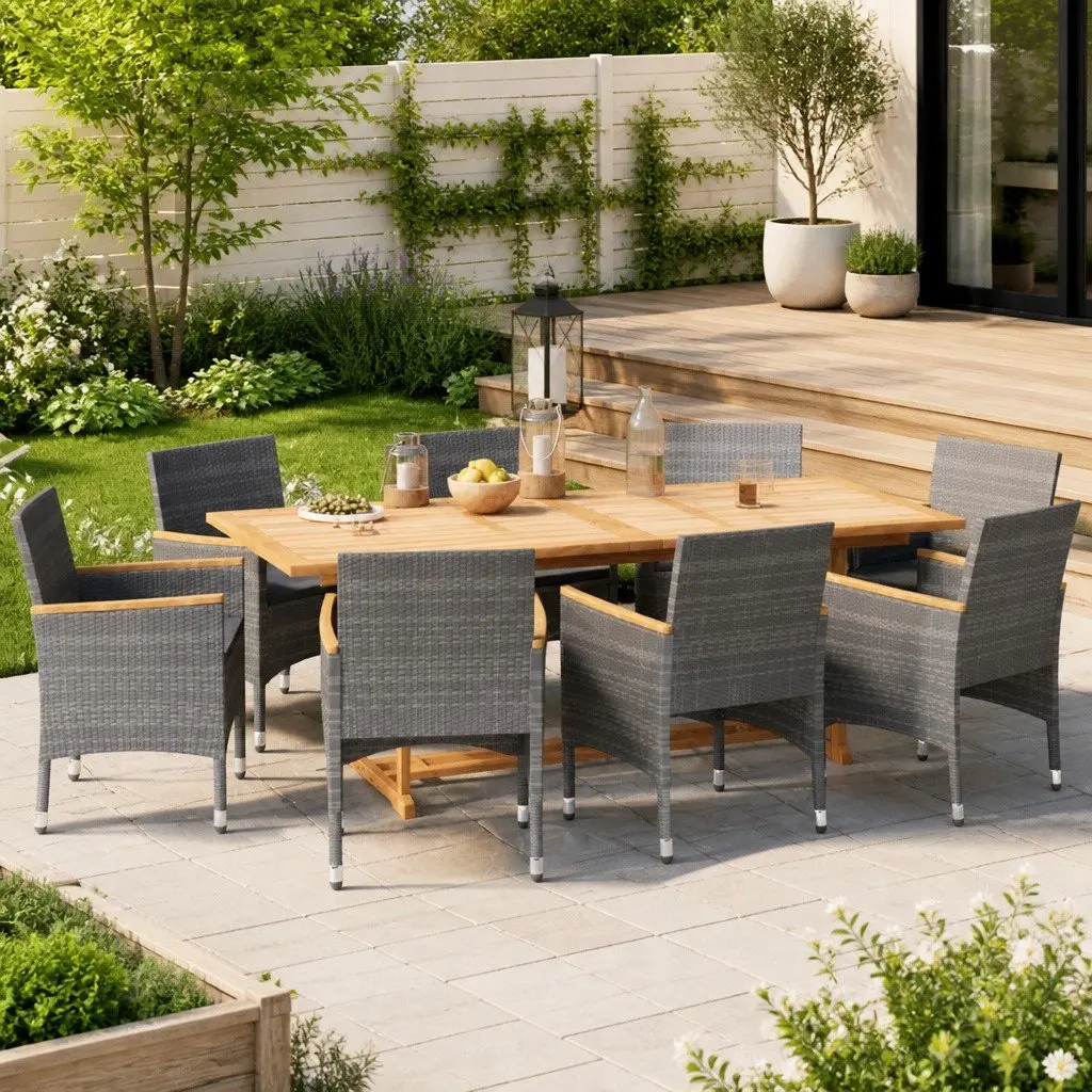 Garden Dining Set 9 Piece Outdoor Furniture Solid Acacia Wood Grey