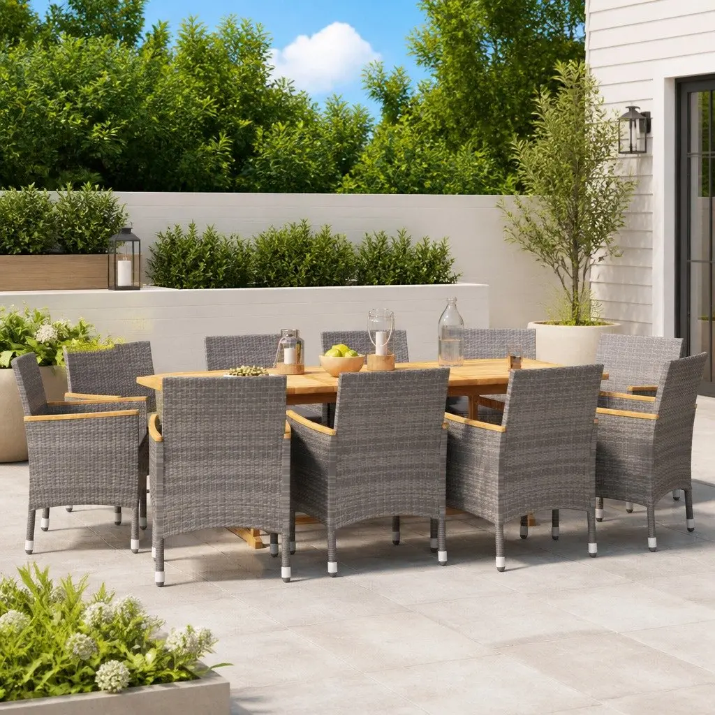 Outdoor Furniture Dining Set 11 Piece Acacia Wood Grey Cushions Patio Table with Ergonomic Chairs