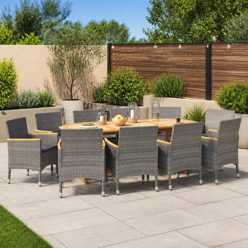 Garden Dining Set Acacia Wood 11 Piece Outdoor Furniture Patio Chairs Table Grey