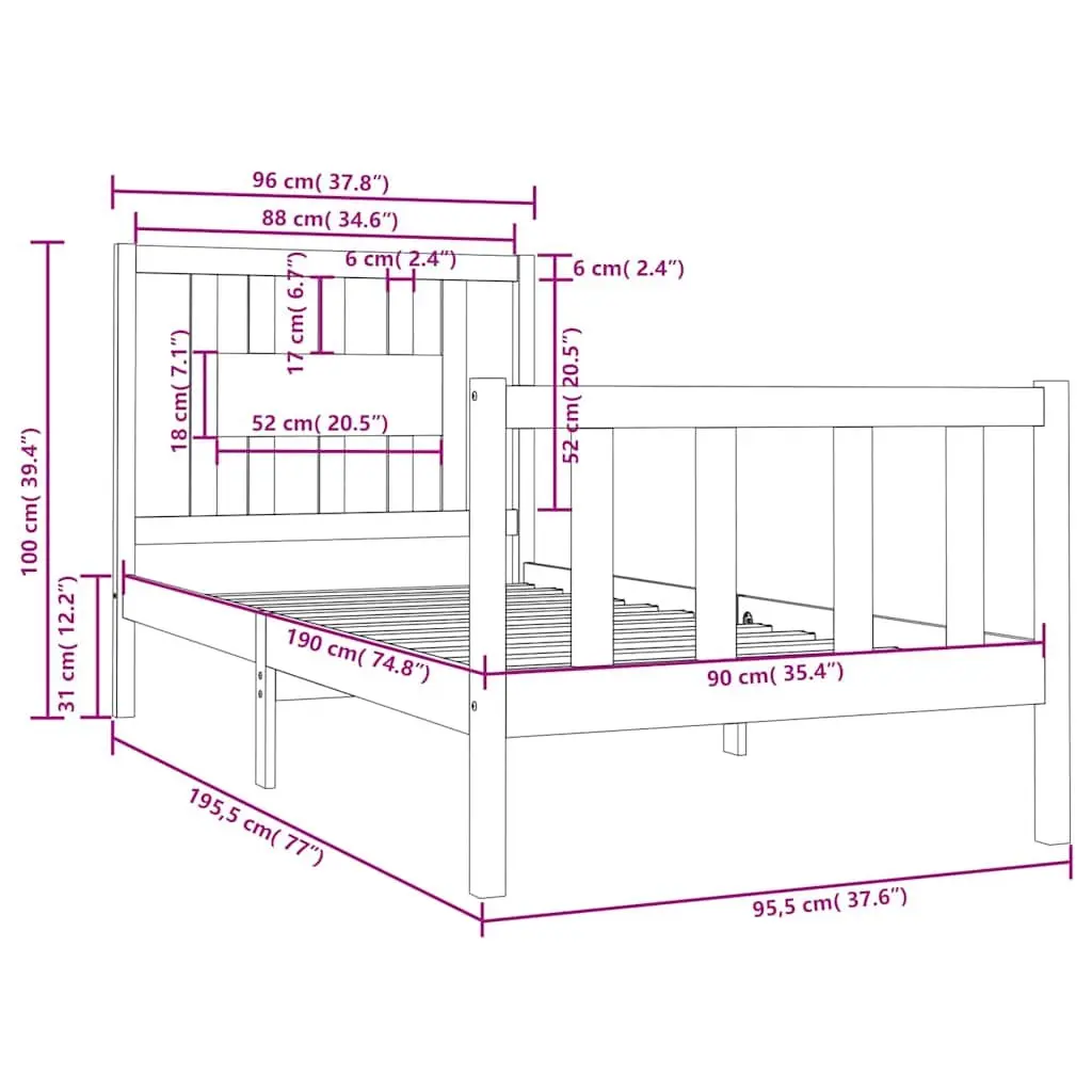 Solid Wood Bed Frame Black 90x190 cm Single Bedroom Furniture Wooden Slat Base