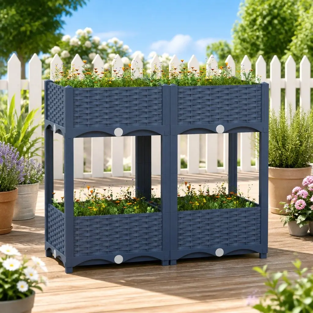 Raised Garden Bed Planter with 2 Shelves Grey 80L x 40W x 71H cm Outdoor Patio Balcony Gardening