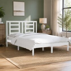 Bed Frame White 150x200 cm Solid Pine Wood Headboard Modern Bedroom Furniture