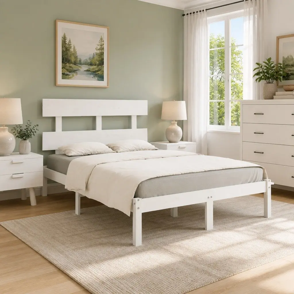 King Bed Frame White Solid Pine Wood 183x203 cm