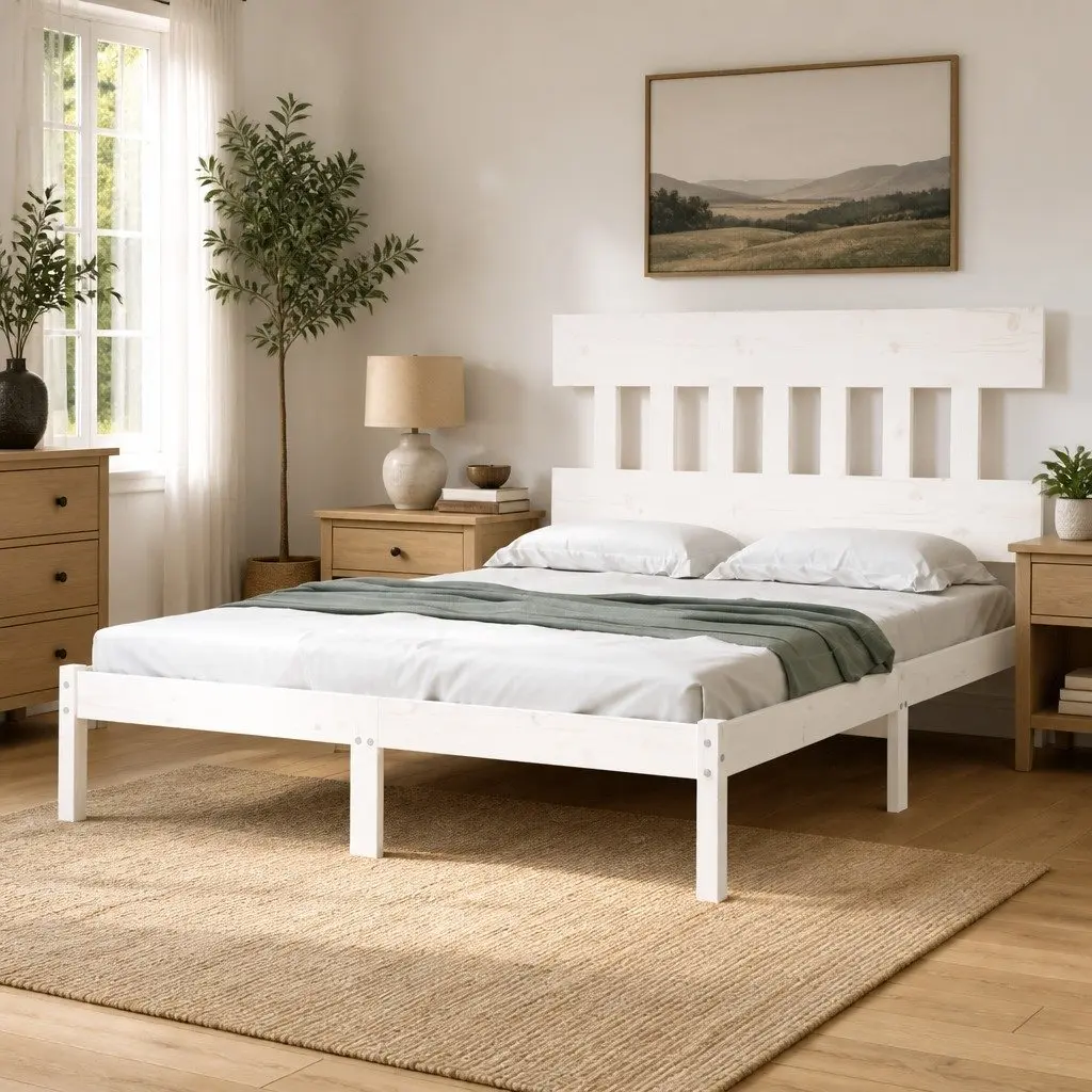 King Bed Frame Solid Pine Wood White 183x203 cm