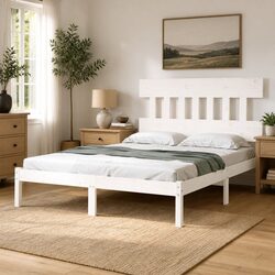 King Bed Frame 183x203 cm White Solid Wood Bedroom Furniture Wooden Base